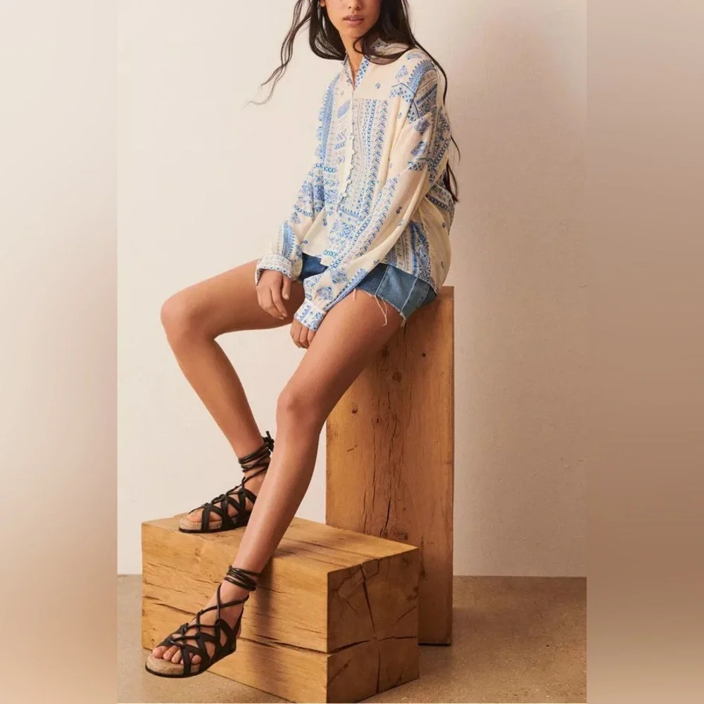 ba&sh Cream Blouse with Blue Floral Print - Picture 8 of 16